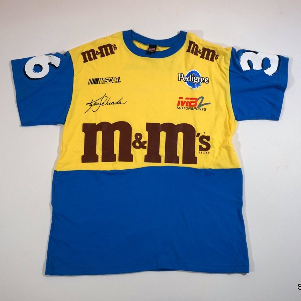 VINTAGE 2002 KEN SCHRADER NASCAR M&Ms RACING TEE L